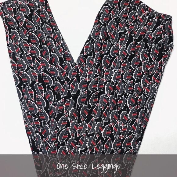 LuLaRoe OS Leggings Feathers Black Grey Red NEW - Picture 1 of 1